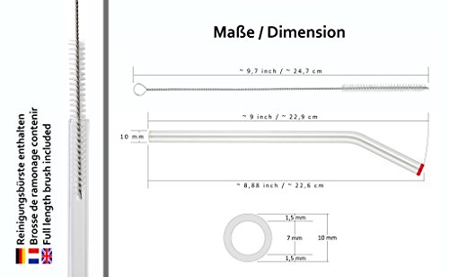 STRAWGRACE Glas-Strohhalme mit bunten Spitzen, handgefertigt, gebogen – 5er Set mit Reinigungsbürste – Jumbo Glas-Trinkhalme ideal für Cocktail, Smoothie etc. – 23cm x 10mm – gesund, wiederverwendbar, umweltschonend - 6