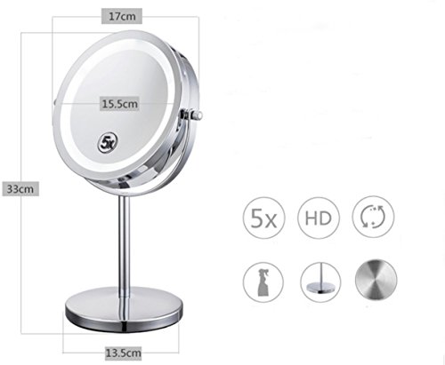 Kosmetikspiegel mit LED Beleuchtung Doppelseitiger Standspiegel Normal und 5x Vergrößerung – – Make-Up Spiegel 17cm Durchmesser, 18 LEDs, Verchromt (5x) - 5