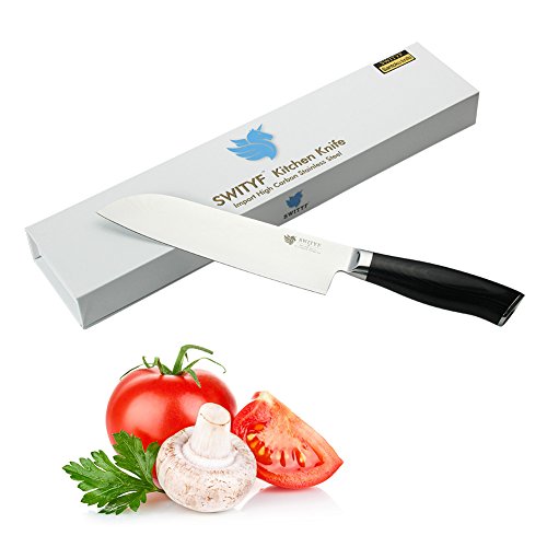 Das SWITYF VG-10 hochwertige japanische Stahl-Santokumesser ist ein Spezialmesser das178mm lang und mit hohen Kohlenstoffgehalt ist Das Micarta-Handgriff wurde mit Verbundwerkstoff ergonimisch entwickelt Das Damaskus-Muster ist wunderschön DDSK-TK