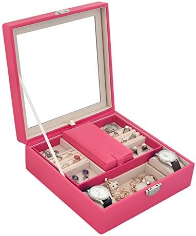 NirongLavie Leather Travel Jewelry Watch Box Organizer with Mirror for Women (Rose Red)