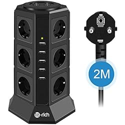 Tour Multiprise Parasurtenseur Parafoudre, Te-Rich Bloc Multiprise USB Verticale avec 12 Prises Electrique et 5 Ports USB, Interrupteur, Adaptateur Douille, Cordon de 2m pour iPhone iPad PSP - Noir