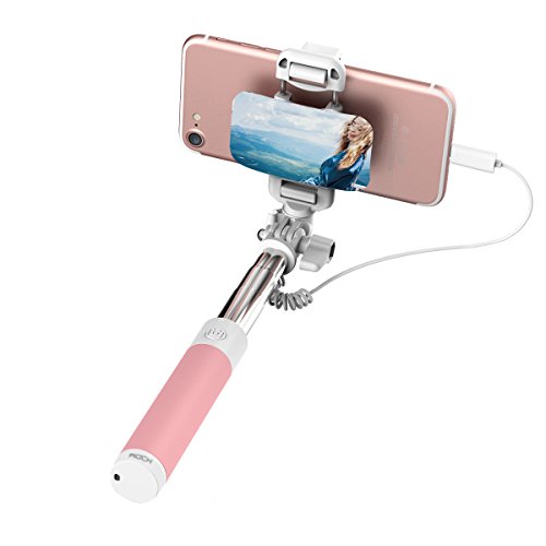 ROCK Mini iPhone 7 Selfie Stick with iPhone Lightning Wire Control & Mirror[5.5in to 24in]for iPhone 7/7 Plus and Other iPhone with Lightning Connector (Pink)