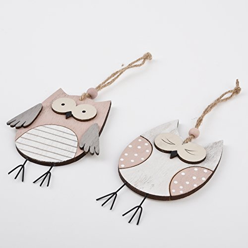 Eulen 2er Set Deko Anhänger Holz 12x9x1cm natur rosa Dekogirlande - 2