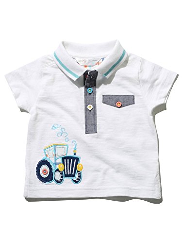 M&Co Baby Boys Short Sleeve Stripe Collar Chambray Placket Playful Tractor Embroidered Polo Shirt White 0/3 Mnths