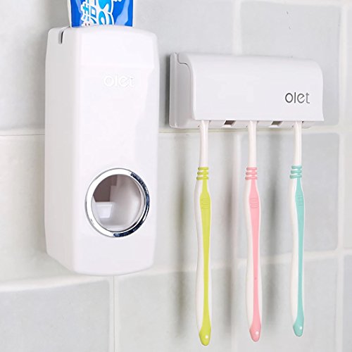 Automatische Staubdicht Zahnpasta Spender mit Wand montiert Zahnbürstenhalter Kinder Hände frei Zahnpasta 5 Pinseln Set für Reisen Familie Dusche Bad Wohnheim (weiß) - 2