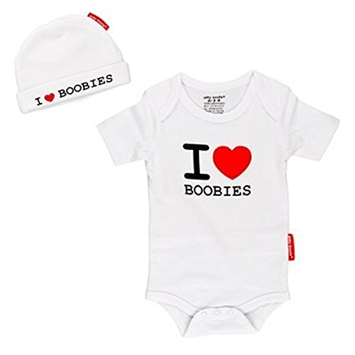 SILLY SOULS - Baby Girl or Baby Boy Body Suit with Hat Gift Set (0-3 Months, I Love Boobies)