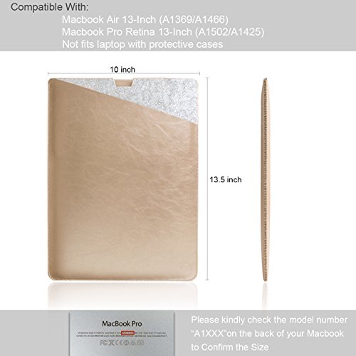 WALNEW Schlanke Leder MacBook Air 13 Zoll H¨¹lle, MacBook Schutzh¨¹lle, H¨¹lle, Case, Cover, MacBook Pro Retina 13 Zoll H¨¹lle mit Zwei-Taschen-Design mit Gesch¨¹tztem Inneren und Externem Mousepad,Gold - 2