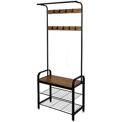 Meerveil Porte-Manteau Vestiaire Vintage Meuble d'entrée à 3 Niveaux Garde-Robe Portant Vêtements Etagère Rangement à Chaussures Banc en Fer avec 9 Crochets Armature Métallique 183 cm Hauteur