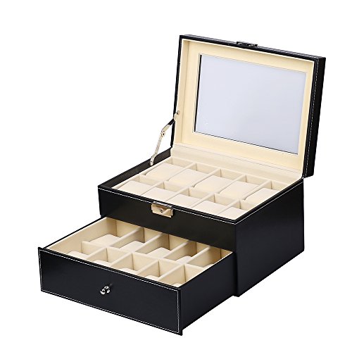 Uhrenbox Uhrenkoffer Herren Frauen Uhrenkasten für 20 Uhren Uhrenschatulle aus Kunstleder Uhrenvitrine