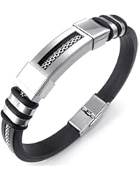 KONOV Joyería Pulsera de hombre, Biker Brazalete, Caucho Acero inoxidable, Color negro plata (con bolsa de regalo)