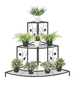 S.F.Decor Presents Flower Iron Metal 3 Tier Pot Rack Plant Stand (Black Finish) || Size-30 INCH ||