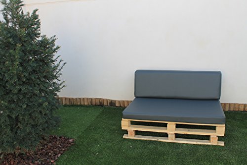 SUENOSZZZ- Juego de cojines para palet europeo. Asiento y Respaldo de Espumacion HR enfundado en Polipiel Ceniza Hidrofugo. Exterior e interior. Desenfundable. Asiento:120x80x10 cm. Respaldo en forma de Cuña. 120 x 40 x 20 x 15 cm.