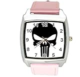 taport® Punisher Quarz Square Armbanduhr Pink Echt Leder Band E1 + Gratis Ersatz Batterie + Gratis Geschenkverpackung