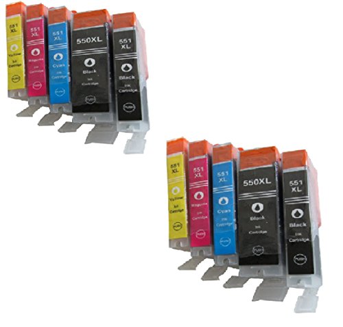 10 komp. XL Druckerpatronen für Canon Pixma mx725 mx925 MG5400 MG5450 MG5450s MG5550 MG5650 MG6300 MG6350 MG6450 MG6650 MG7150 MG7550 ip7250 ip8750 ix6850 Canon PGI-550BK CLI-551BK CLI-551C CLI-551M CLI-551Y MIT CHIP und Füllstandsanzeige