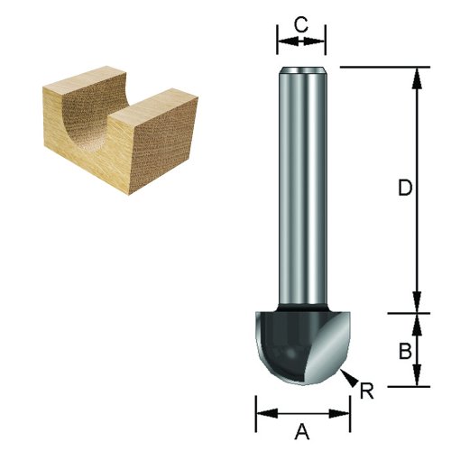 ENT Hohlkehlfräser HW (HM), Schaft (C) 8 mm, Durchmesser (A) 10 mm, B 9,5 mm, R 5 mm, D 32 mm