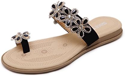 Goodful Women's Bohemian Flat Sandals Flowers Rhinestones Toe Ring Slide Sandals (4UK, Black)