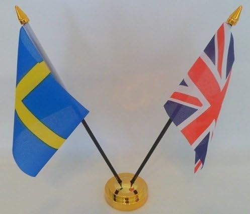 Sweden Swedish Union Jack 2 Flag Friendship Table Display With Gold Base