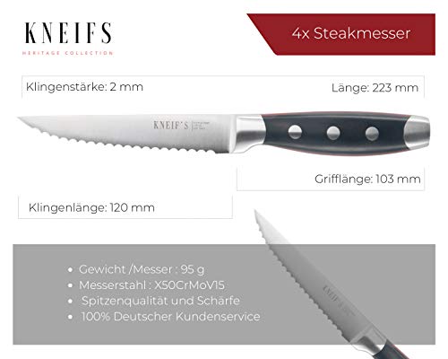 Kneifs Steakmesser Set 4-teilig | Deutscher Rostfreier Stahl | Holz Geschenkbox | Scharfe Messer Wellenschliff | Premium Griff Schwarz Rot - 5