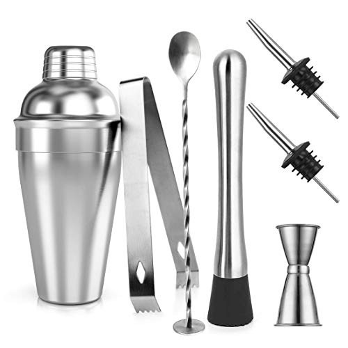 Samione Cocktail Shaker Set, 7 Pezzi Kit da Barman in Acciaio Inox Professionale 550ml Shaker con Accessori: misurino, Cucchiaio Mixer, pestello, beccucci, pinze per Ghiaccio e ricetta