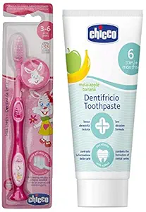 Chicco Toothbrush (Pink) & Chicco Toothpaste (Mela-Applebanana), 50ml