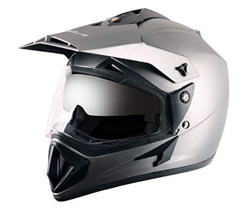 Vega Off Road ISI Certified Matt Finish Full Face Dual Visor with Peak Helmet for Men and Women Outer Clear Visor and Inner Smoke Sun Visor(Dull Anthracite, Size:L)