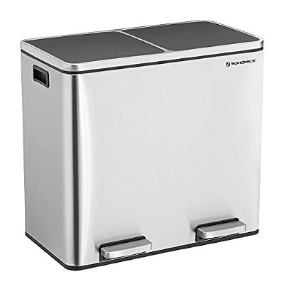 SONGMICS Poubelle de Recyclage, Poubelle Double Seau, 2 x 24L, 2 Compartiments, Pédales, Couvercle, Acier Inoxydable Resistant aux Empreintes digitales, Poignée de Transport LTB48NL