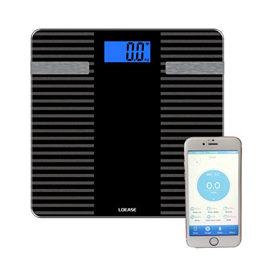 Preisvergleich Produktbild Smart Körperwaage Gewichtswaage, PREMEWISH Bluetoothfähig Personenwaage Körpermanagement mit Sicherheitsglas Per App WLAN d.h. Gewichtmessung Körperfettanalyse BMI BMR Knochenmasse Körperwasser für iOS und Android, max. 180kg / 0,05kg ( Schwarz )