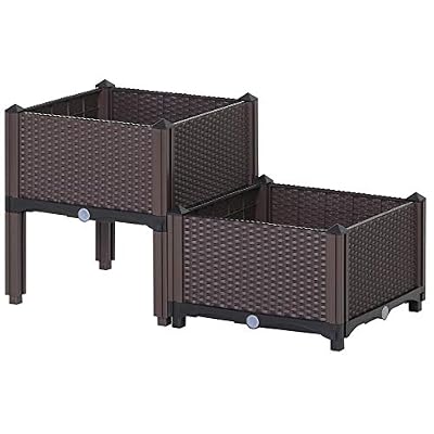 Outsunny Jardinière sur Pieds carré Potager 2 étages dim. 80L x 40l x 44H cm Insert d'irrigation Plastique Imitation rotin tressé Chocolat