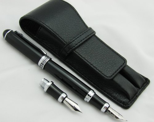Duke - Penna stilografica doppia con pennino piegato e astuccio in pelle Black pen with black case Black pen with black case