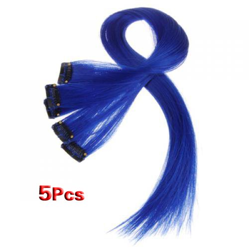 SODIAL(R) 5 Pcs Colored Clip-on In Hair Extensions Straight Wigs Hairpieces 25 Inch Long - Dark Blue
