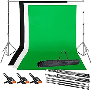 digiMAXX 8X14 Portable Green, White, black Screen background backdrops with Adjustable Background support Kit for Studio Photography with 3 spring clamps and a carry bag for Video Zoom Streaming Gaming. (GWB)
