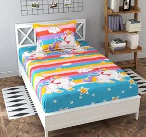 Dahlia Elastic Fitted Glace Cotton Single Bed (72x48x Upto 6 Inches) Bedsheet for Kids with 1 Pillow Covers-200TC (Unicorn, Multicolor)