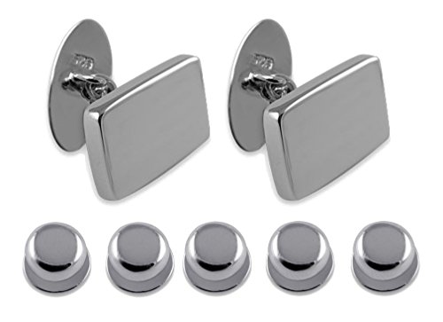 Sterling silver plain rectangular cufflinks Shirt Dress Studs Gift Set