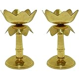 LotusFeet Spirituality Antique Gold Finish Kamal Stand Diya for Home Temple Diwali Akhand Puja Articles Decor Gifts (Height 3.5 inch) - Set of 2