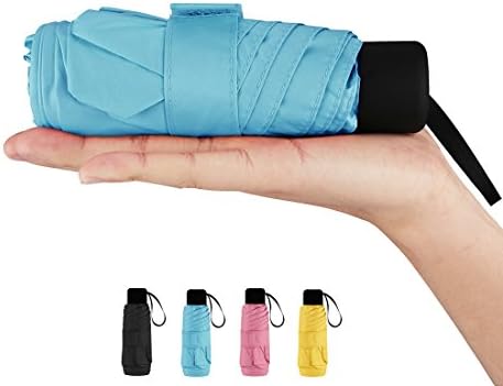 tichiqk Compact Travel Umbrella, Mini Rain&amp; Sun Travel Umbrella with 95% UV Protection, Ultra Lightweight Portable Folding Umbrella with Leather Case (Blue)