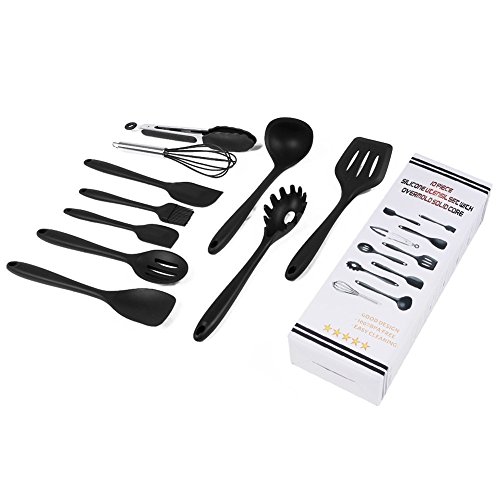Cookey 10 Stück Silikon Geschirr Küche Kochutensilien mit Silikon und Hygiene Beschichtung, hitzebeständige Küchengeräte Perfekt für alle Arten von Kochen Mit GrillZange, Schneebesen, Bürste, Spatel, Schaumlöffel, Löffel Nudeln, Reis Paddel, Kelle, Suppenlöffel Hitzebeständige Koch und Backzubehör (Schwarz) - 8