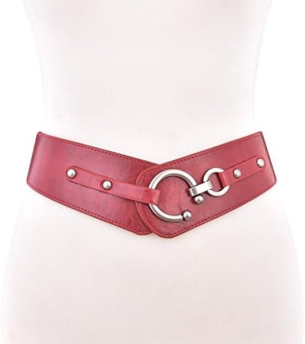 Retro Wide Metal Interlock Buckle Womens Elastic Waist Belt Cinch (Red)