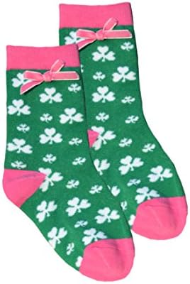 St. Patrick's Day Kid's Socks With White Shamrock Print, Pink Ribbons, Green Colour