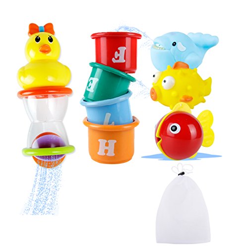Badespielzeug Baby Set, Safe&Care Stapeln Tassen 8 Stücke Badewannenspielzeug, mit Netz Speicherungstasche Babyspielzeug Kleinkindspielzeug für Jungen und Mädchen