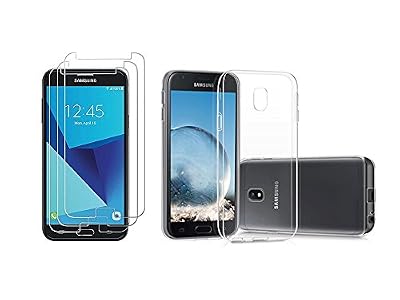 NOVAGO Samsung J3 2017 ( Pack 2 en 1 ) 1 Coque Souple et Solide Anti Choc + 2 Films en Verre trempé Résistants ( Films Plus Petits Que l'écran)
