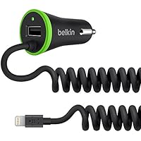 Belkin Boost Up - Cargador para coche con cable Lightning y puerto USB integrado para iPhone y iPad, negro