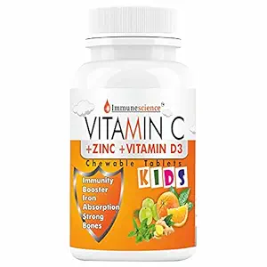Immunescience Vitamin C Tablets For Kids with Zinc Supplements and Citrus Bioflavonoids, Immunity Booster for Kids Strength, Energy, Growth & Strong Bones. Chewable Tablet Sugar Free-60 (orange)