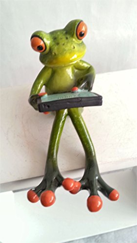 Frosch hellgrün, sitzend mit Laptop, Kunststein, Computerfreak, formano Deko - 4
