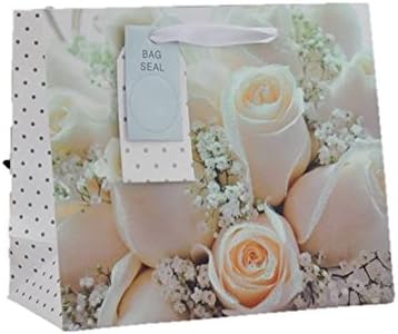 Medium Gift Bag - White with Silver Gold Hearts and Gold Foil Tag 10.5x8.5" Wedding Anniversary