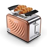 Housmile Edelstahl Toaster für 2 Brotscheiben, Frühstück Sandwichtoaster mit herausnehmbarer Krümelschublade und 6 Bräunungsstufen, abnehmbarer Brötchenaufsatz und praktische Hebefunktion, Bronze