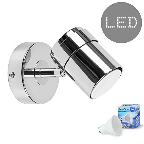 MiniSun | Modern Polished Chrome Single Wall Spotlight Fitting | Ceiling Spots, Home Décor & Improvement Essential | Includes 5W LED Bulb [6500K Cool White]