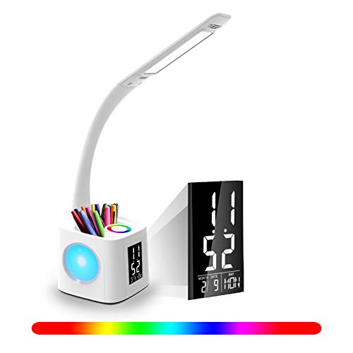 YOUKOYI Lampada a LED da Tavolo con Porta USB per Ricarica per Studio, Lampada con Luminosità Regolabile a 3 Livelli da Tavolo con Orologio,8W 2A