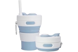 UNNESTAR Składany kubek kempingowy ze słomką silikonowy składany kubek do kawy butelka sportowa przenośna podróż na zewnątrz samochód 473.6 g 567.0 g (jasnoniebieski)