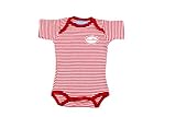 Der Body für Babys ist im Streifen-Design in rot weiß gehalten und mit dem roten Druck 