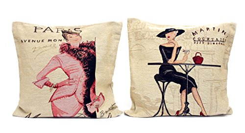 Kissenbezug Karla 45x45cm Kissenhülle Vintage Retro Grande Dame mit Handtasche Cocktails Shabby Chic Antik Leinen Kissen alte Schrift Dekokissen - 3